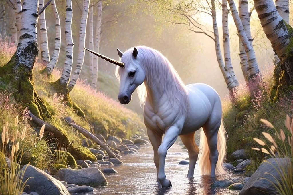 Picture of a white unicorn in a narrow stream with white trees. The unicorn represents companies worth $1 billion or more that may be upcoming IPOs in the year ahead. Image generated with ChatGPT artificial intelligence.