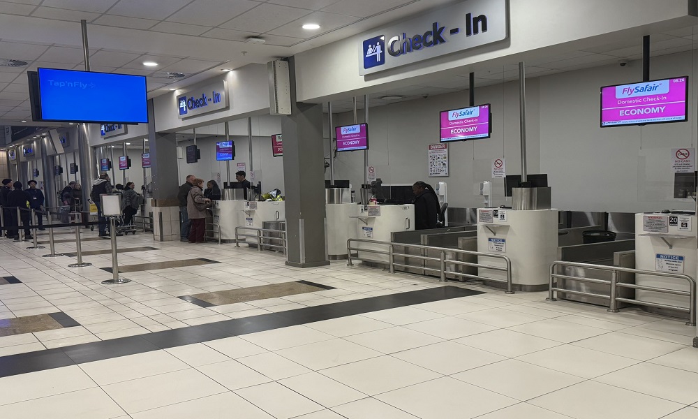 FlySafair check in counters are seen in this picture taken on 22 July 2025 amid a strike over a wage dispute.